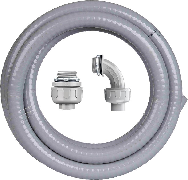 Geowaky 1/2 Inch 10 FT Liquid-Tight Conduit and Connector Kit Non Metallic Flexible Conduit Electrical Kit - 1 Straight and 1 Angle Fittings Included for Electrical Wiring - Image 1